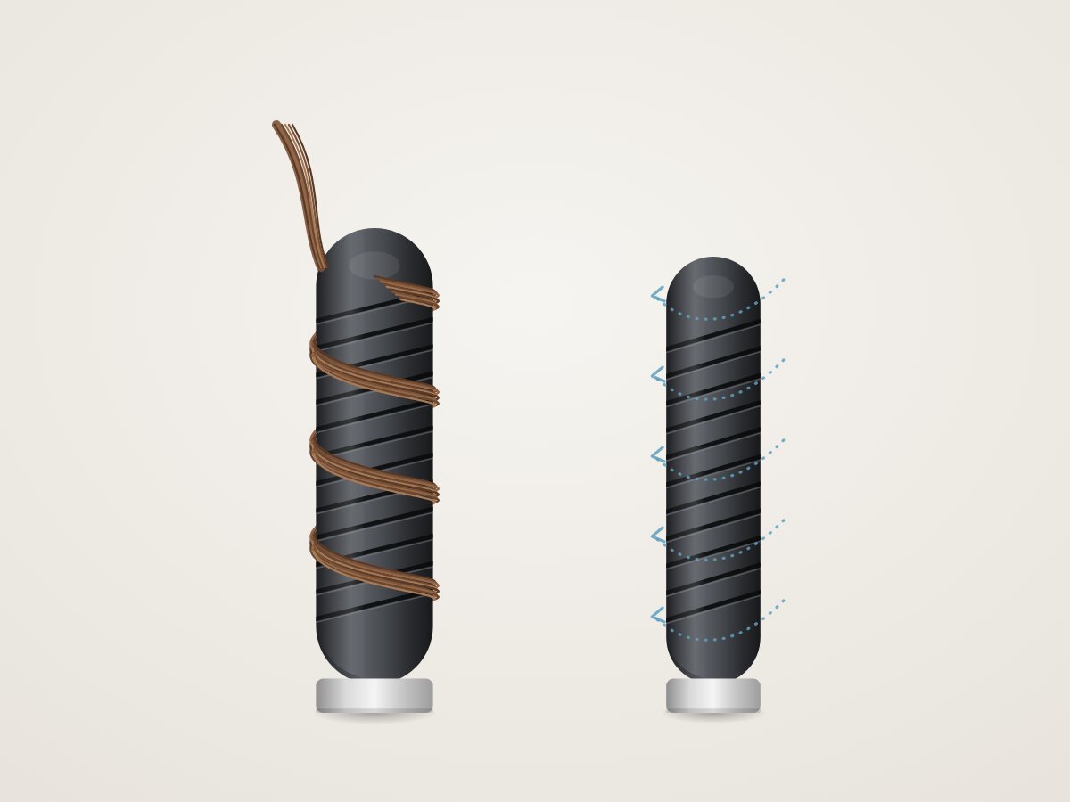 A strand of hair wrapped around a slotted curling barrel, next to a second barrel with dotted lines showing air curving around its surface