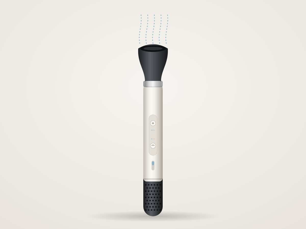 The ivory handle with the dryer attachment fitted on top, with airflow lines rising from the nozzle