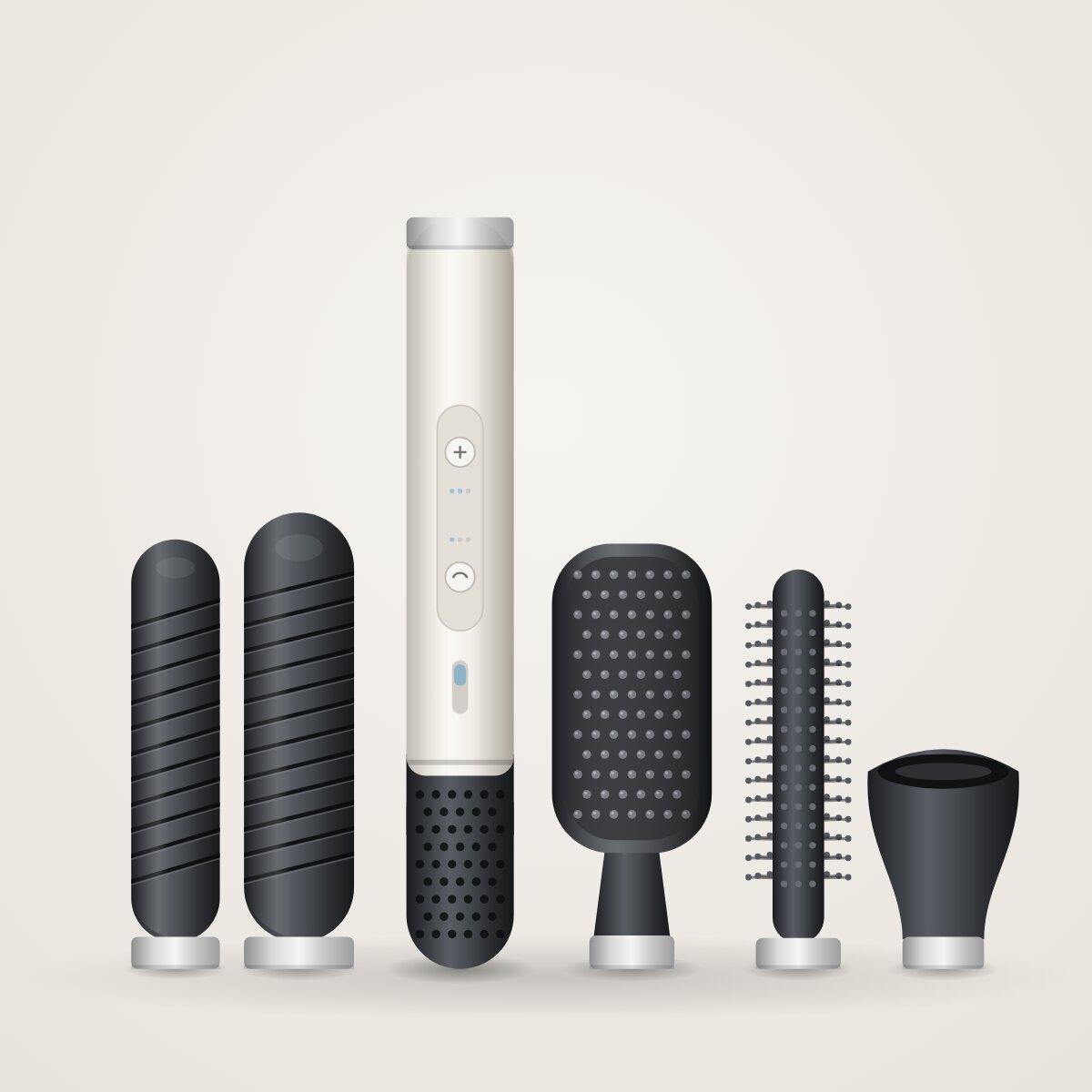 Ivory Halvia Air Styler handle with a perforated graphite filter cap, shown with two slotted curling barrels, a paddle brush, a round brush and a dryer attachment